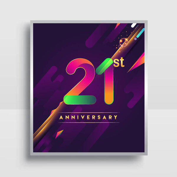 21 years anniversary logo, vector design for invitation and poster nineteen years birthday celebration with colorful abstract background isolated on white background.