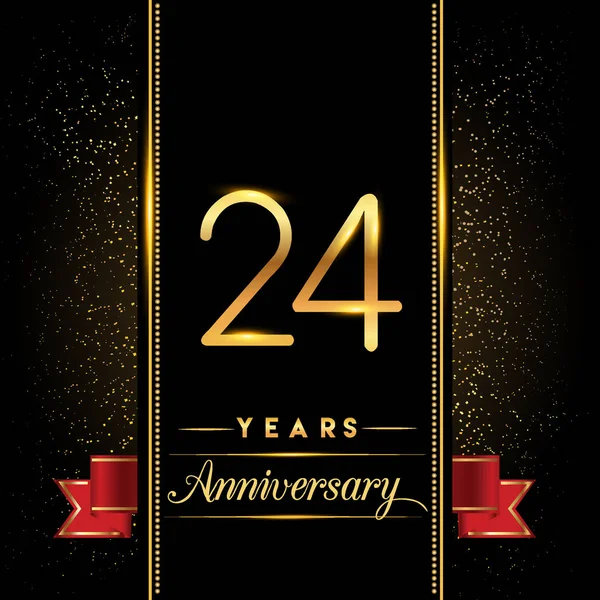 年記念日の祭典のロゴタイプ 黄金色の紙吹雪と赤いリボンの黒背景 ベクター デザインのグリーティング カードや招待状に分離された周年記念ロゴ — ストックベクタ