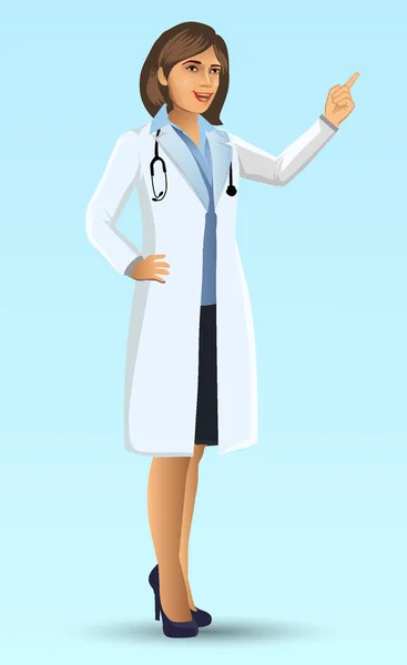 若い医師 立ち位置で 女性医師の漫画の図が提示 医療クリニック病院スタッフ ベクトルイラスト — ストックベクタ
