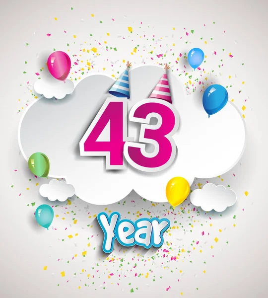 43 yıldönümü kutlama tasarım, bulutlar ve balon, konfeti ile. Vektör şablon öğeleri için senin, altmış sekiz yıl Doğum günü kutlama partisi.