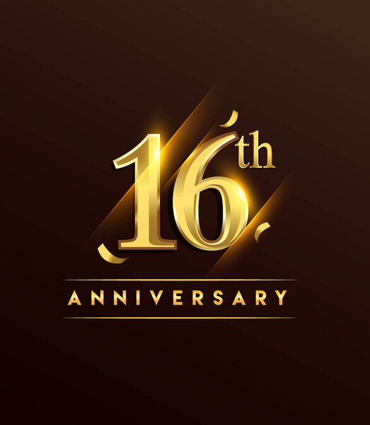 16 anniversary glowing logotype with confetti golden colored isolated on dark background, vector design for greeting card and invitation card.