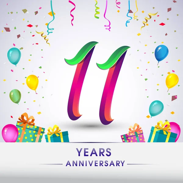 11 yıldönümü kutlama tasarım, hediye kutusu, balonlar ve konfeti, renkli vektör şablon öğeleri için senin, sekiz yıl Doğum günü kutlama partisi.