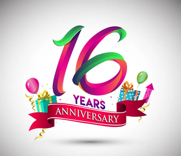 16周年庆典设计 带礼品盒和气球 红丝带 彩色矢量模板元素为您 九十七年生日庆祝聚会 — 图库矢量图片