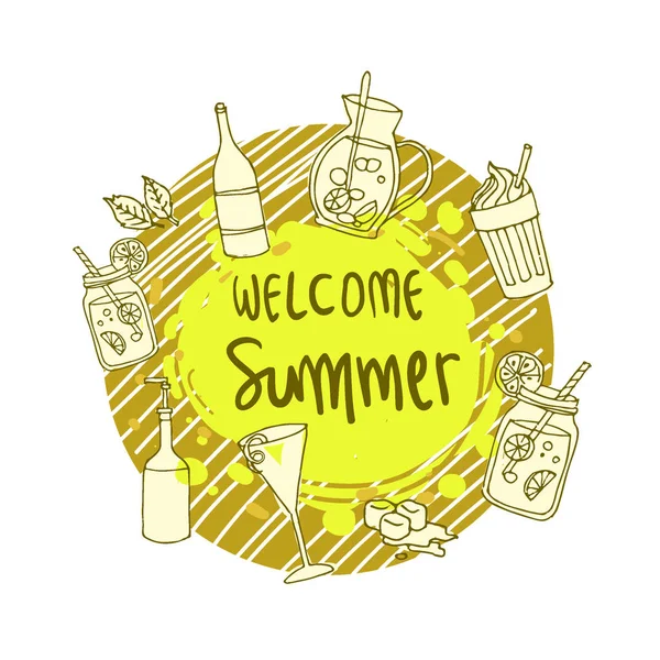 Καλοκαίρι Φόντο Λογότυπο Χέρι Και Σχεδιαστικά Στοιχεία Για Καλοκαιρινές Διακοπές — Διανυσματικό Αρχείο