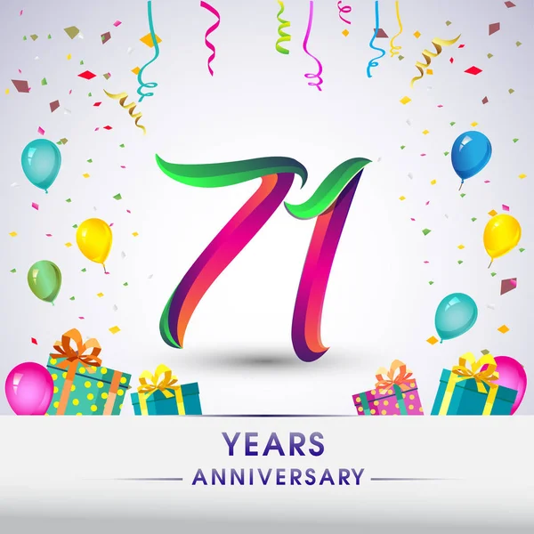 71周年庆典设计 配礼品盒 气球和五彩纸屑 彩色矢量模板元素为您 八年生日庆祝聚会 — 图库矢量图片