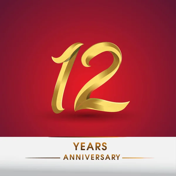 庆祝12周年纪念 标识金黄色被隔绝在红色背景上 — 图库矢量图片