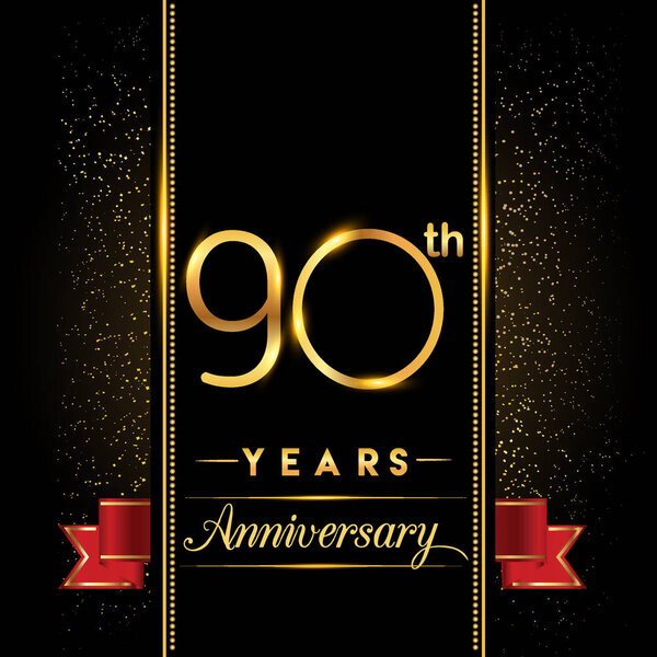 90  anniversary celebration logotype.  anniversary logo with confetti golden colored isolated on black background, vector design for greeting card and invitation card