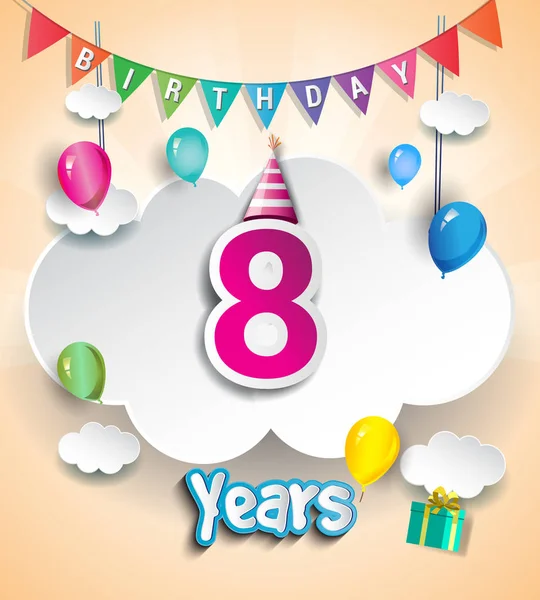 Aniversário Celebration Design Com Nuvem Balões Confete Elementos Modelo Vetor —  Vetores de Stock