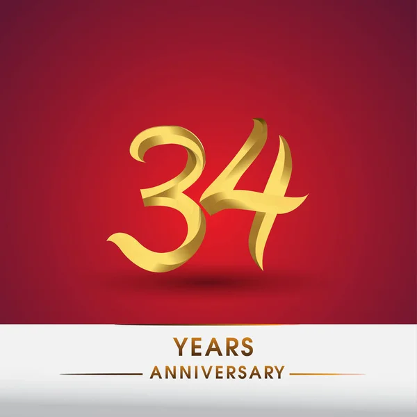 Celebrazione Anniversario Logotipo Colore Dorato Isolato Sfondo Rosso — Vettoriale Stock