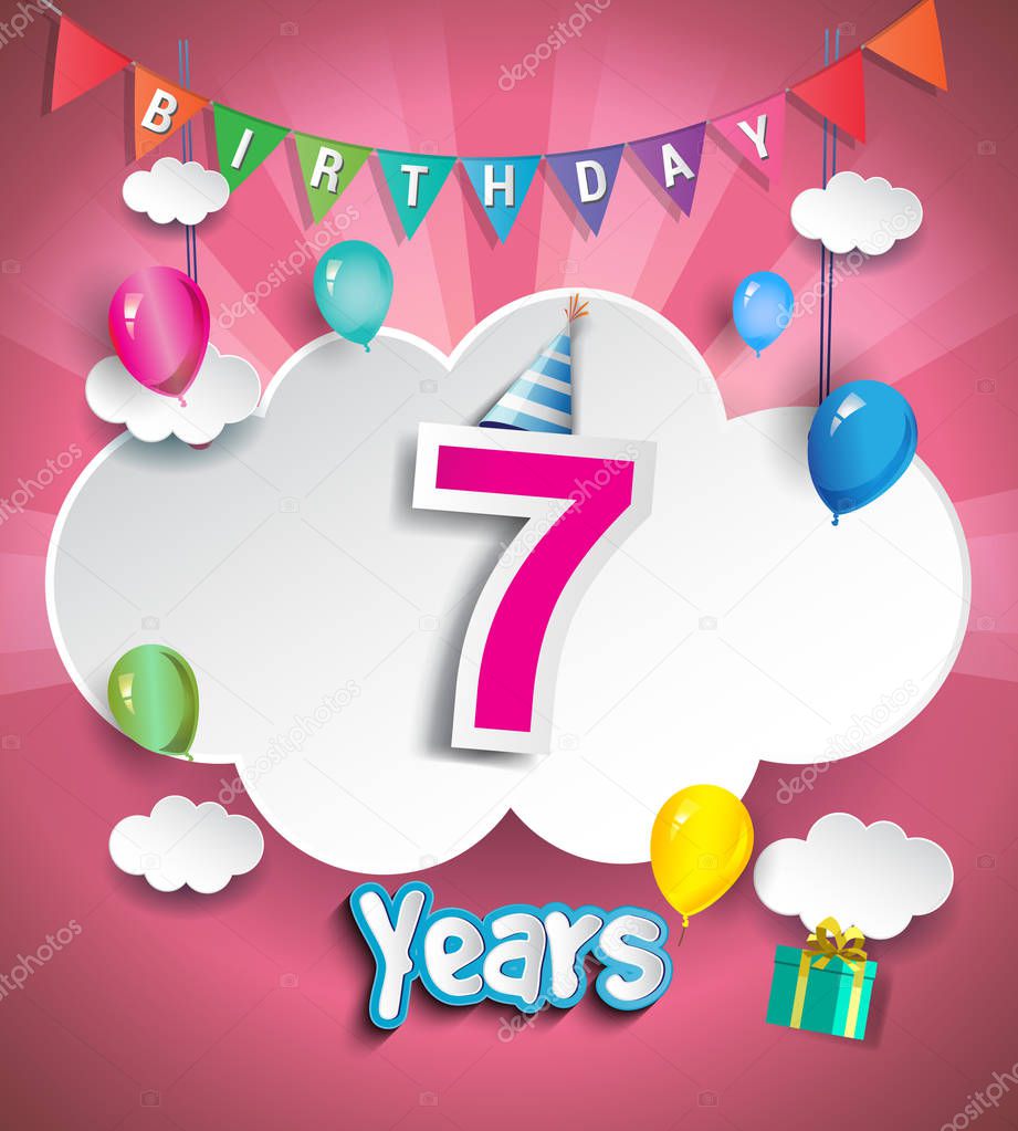 7 Anniversary Celebration Design, with cloud and balloons, confetti. Vector template elements for your, sixty eight years birthday celebration party.