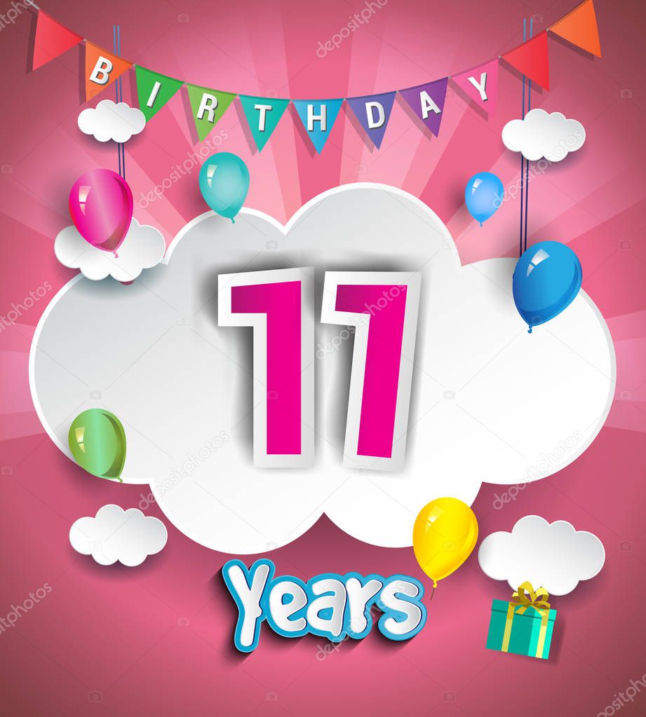 11  Years Birthday Design for greeting cards and poster, with  gift boxes, balloons. design template for anniversary celebration