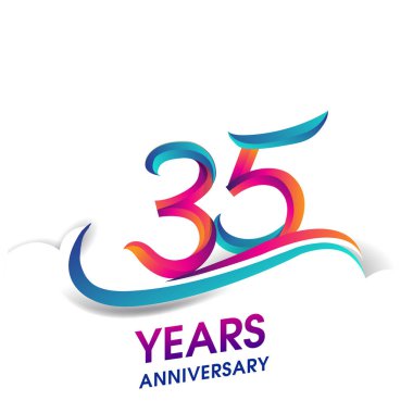  35 yıldönümü kutlama logo mavi ve kırmızı renkli. Doğum günü logosu beyaz arka plan üzerinde.