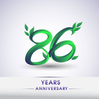 86 yıldönümü kutlama logo yaprakları ve yeşil renkli. 99 Doğum günü logosu beyaz arka plan üzerinde.