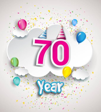70 yıldönümü kutlama tasarım, bulutlar ve balon, konfeti ile. Vektör şablon öğeleri için senin, altmış sekiz yıl Doğum günü kutlama partisi.