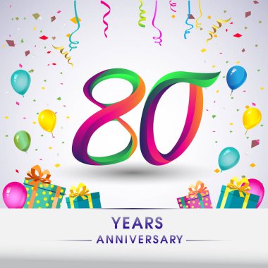 80 yıldönümü kutlama tasarım, hediye kutusu, balonlar ve konfeti, renkli vektör şablon öğeleri için senin, sekiz yıl Doğum günü kutlama partisi.