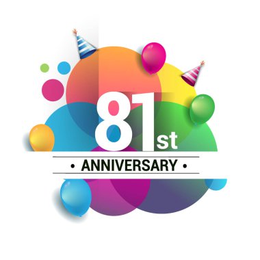 81 yıl yıldönümü logo, vektör tasarım Doğum günü kutlaması ile renkli geometrik, daireler ve beyaz arka plan üzerinde izole balonlar.