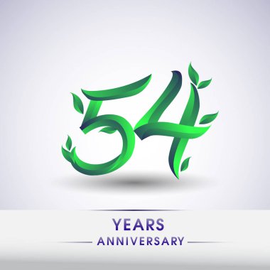 54 yıldönümü kutlama logo yaprakları ve yeşil renkli. 99 Doğum günü logosu beyaz arka plan üzerinde.