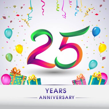 25 yıldönümü kutlama tasarım, hediye kutusu, balonlar ve konfeti, renkli vektör şablon öğeleri için senin, sekiz yıl Doğum günü kutlama partisi.