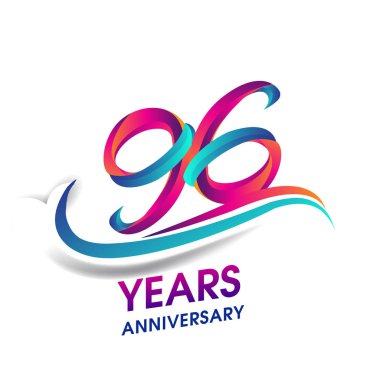 96 yıldönümü kutlama logo mavi ve kırmızı renkli. Doğum günü logosu beyaz arka plan üzerinde.