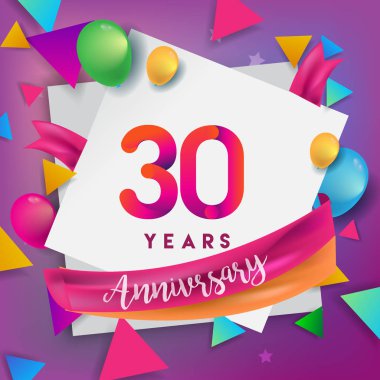 30 yıl yıldönümü kutlama tasarım, balonlar ve şerit, renkli tasarım öğeleri için afiş, davetiye, tebrik kartı, altmış üç Doğum günü kutlama partisi.