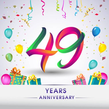 49 yıldönümü kutlama tasarım, hediye kutusu, balonlar ve konfeti, renkli vektör şablon öğeleri için senin, sekiz yıl Doğum günü kutlama partisi.