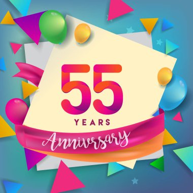 55 yıl yıldönümü kutlama tasarım, balonlar ve şerit, renkli tasarım öğeleri için afiş, davetiye, tebrik kartı, altmış üç Doğum günü kutlama partisi.