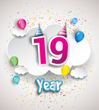 19 yıldönümü kutlama tasarım, bulutlar ve balon, konfeti ile. Vektör şablon öğeleri için senin, altmış sekiz yıl Doğum günü kutlama partisi.