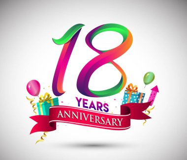 18 yıldönümü kutlama tasarımı için hediye kutusu ve balonlar, kırmızı kurdele, renkli vektör şablon öğeleri ile senin, doksan yedi yıl Doğum günü kutlama partisi.