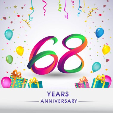 68 yıldönümü kutlama tasarım, hediye kutusu, balonlar ve konfeti, renkli vektör şablon öğeleri için senin, sekiz yıl Doğum günü kutlama partisi.