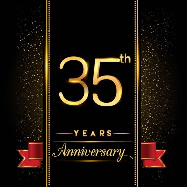 35 yıldönümü kutlama logo. yıldönümü logolu siyah arka plan, vektör tasarımı tebrik kartı ve davetiye için izole renkli konfeti altın