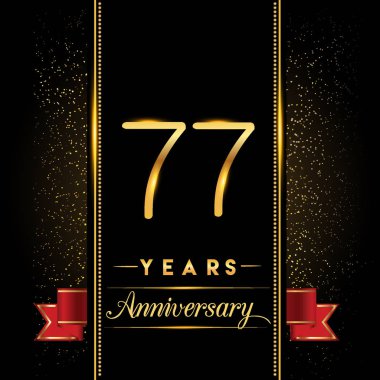 77 yıldönümü kutlama logo. yıldönümü logolu siyah arka plan, vektör tasarımı tebrik kartı ve davetiye için izole renkli konfeti altın