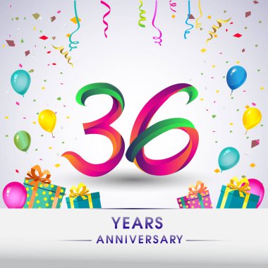 36 yıldönümü kutlama tasarım, hediye kutusu, balonlar ve konfeti, renkli vektör şablon öğeleri için senin, sekiz yıl Doğum günü kutlama partisi.