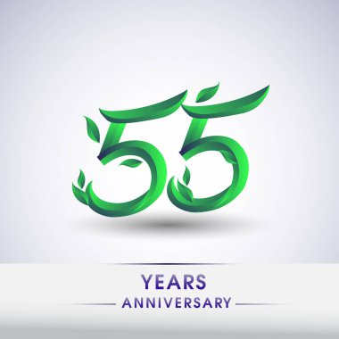 55 yıldönümü kutlama logo yaprakları ve yeşil renkli. 99 Doğum günü logosu beyaz arka plan üzerinde.