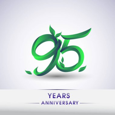 95 yıldönümü kutlama logo yaprakları ve yeşil renkli. 99 Doğum günü logosu beyaz arka plan üzerinde.