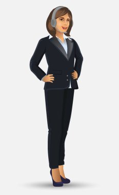 İş pozisyonu veya sunuyu pozlar, vektör çizim ayakta ile siyah elbiseli kadını
