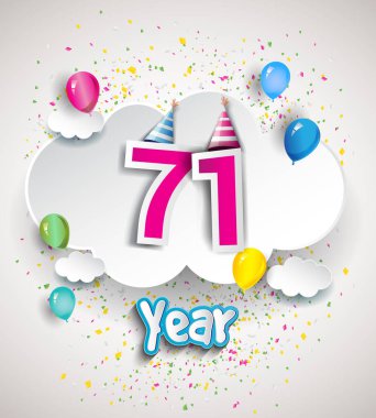 71 yıldönümü kutlama tasarım, bulutlar ve balon, konfeti ile. Vektör şablon öğeleri için senin, altmış sekiz yıl Doğum günü kutlama partisi.