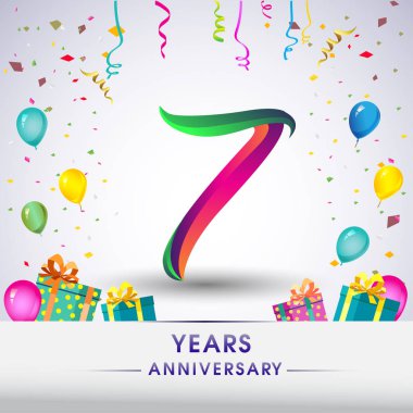 7 yıldönümü kutlama tasarım, hediye kutusu, balonlar ve konfeti, renkli vektör şablon öğeleri için senin, sekiz yıl Doğum günü kutlama partisi.