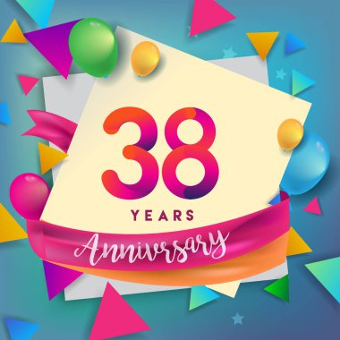 38 yıl yıldönümü kutlama tasarım, balonlar ve şerit, renkli tasarım öğeleri için afiş, davetiye, tebrik kartı, altmış üç Doğum günü kutlama partisi.