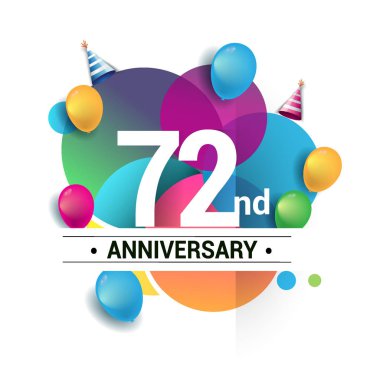 72 yıl yıldönümü logo, vektör tasarım Doğum günü kutlaması ile renkli geometrik, daireler ve beyaz arka plan üzerinde izole balonlar.