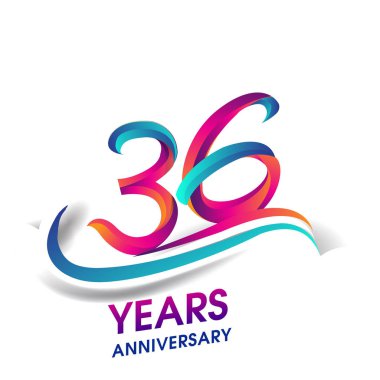 36 yıldönümü kutlama logo mavi ve kırmızı renkli. Doğum günü logosu beyaz arka plan üzerinde.