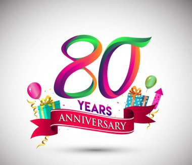 80 yıldönümü kutlama tasarımı için hediye kutusu ve balonlar, kırmızı kurdele, renkli vektör şablon öğeleri ile senin, doksan yedi yıl Doğum günü kutlama partisi.