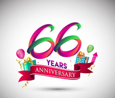 66 yıldönümü kutlama tasarımı için hediye kutusu ve balonlar, kırmızı kurdele, renkli vektör şablon öğeleri ile senin, doksan yedi yıl Doğum günü kutlama partisi.