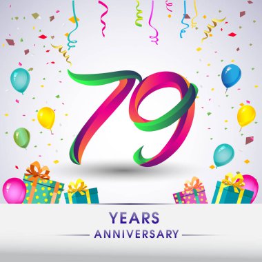 79 yıldönümü kutlama tasarım, hediye kutusu, balonlar ve konfeti, renkli vektör şablon öğeleri için senin, sekiz yıl Doğum günü kutlama partisi.
