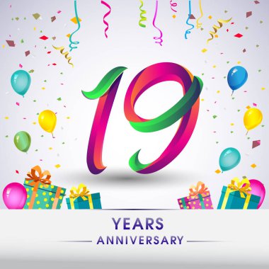19 yıldönümü kutlama tasarım, hediye kutusu, balonlar ve konfeti, renkli vektör şablon öğeleri için senin, sekiz yıl Doğum günü kutlama partisi.