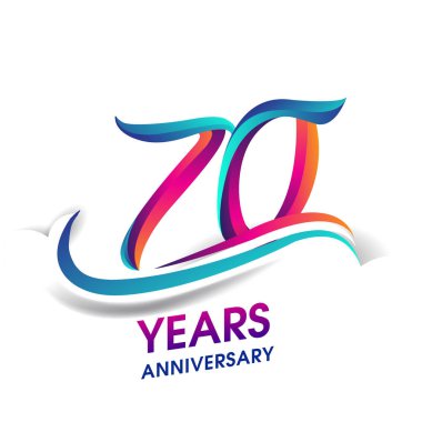 70 yıldönümü kutlama logo mavi ve kırmızı renkli. Doğum günü logosu beyaz arka plan üzerinde.