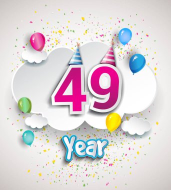 49 yıldönümü kutlama tasarım, bulutlar ve balon, konfeti ile. Vektör şablon öğeleri için senin, altmış sekiz yıl Doğum günü kutlama partisi.
