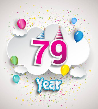 79 yıldönümü kutlama tasarım, bulutlar ve balon, konfeti ile. Vektör şablon öğeleri için senin, altmış sekiz yıl Doğum günü kutlama partisi.