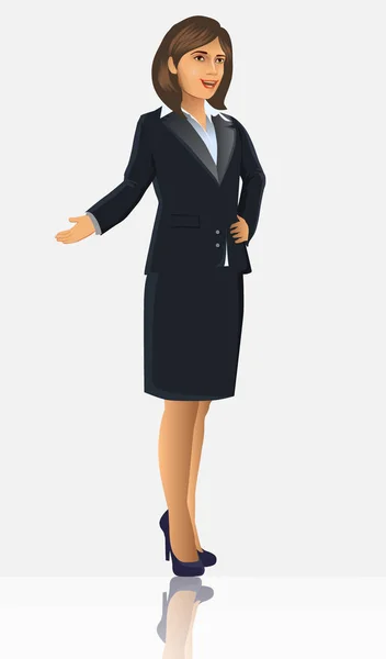 立ち位置やプレゼンテーションのポーズ ベクトル図で黒のスーツの女性実業家 — ストックベクタ