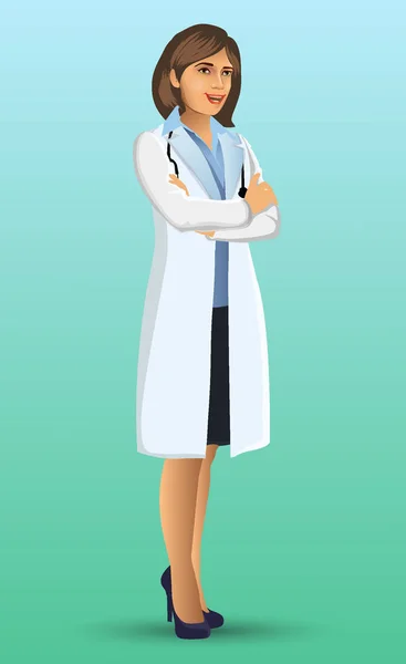 若い医師 立ち位置で 女性医師の漫画の図が提示 医療クリニック病院スタッフ ベクトルイラスト — ストックベクタ