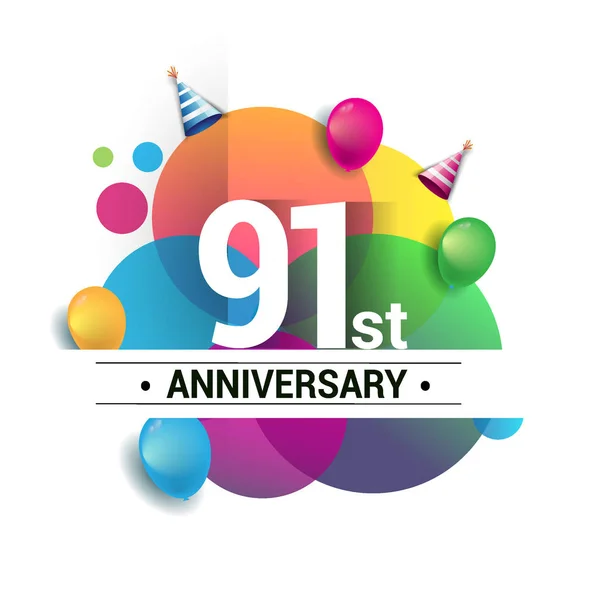 91年周年纪念标志 矢量设计生日庆祝与五颜六色的几何 圈子和气球在白色背景被隔绝了 — 图库矢量图片